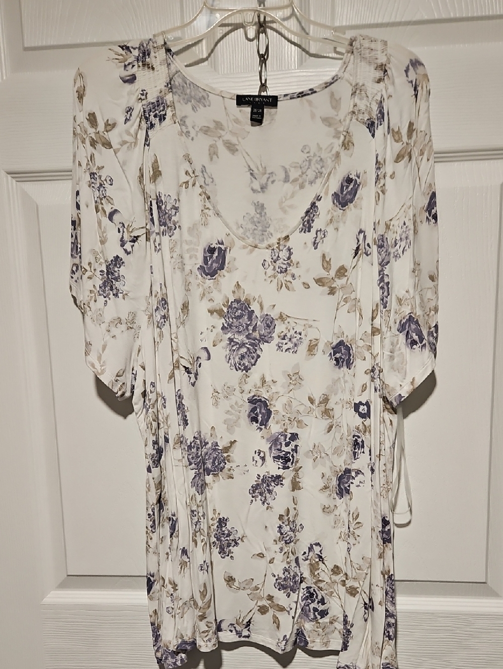 Lane Bryant White Floral Scoop-Neck Tunic with Lavender and Taupe Blooms